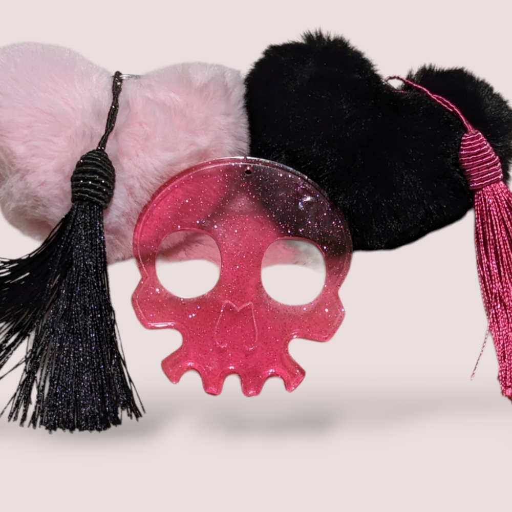 Pink and Black Kitty or Skull Fuzzy Heart and Tassel Self Defense Key Chain